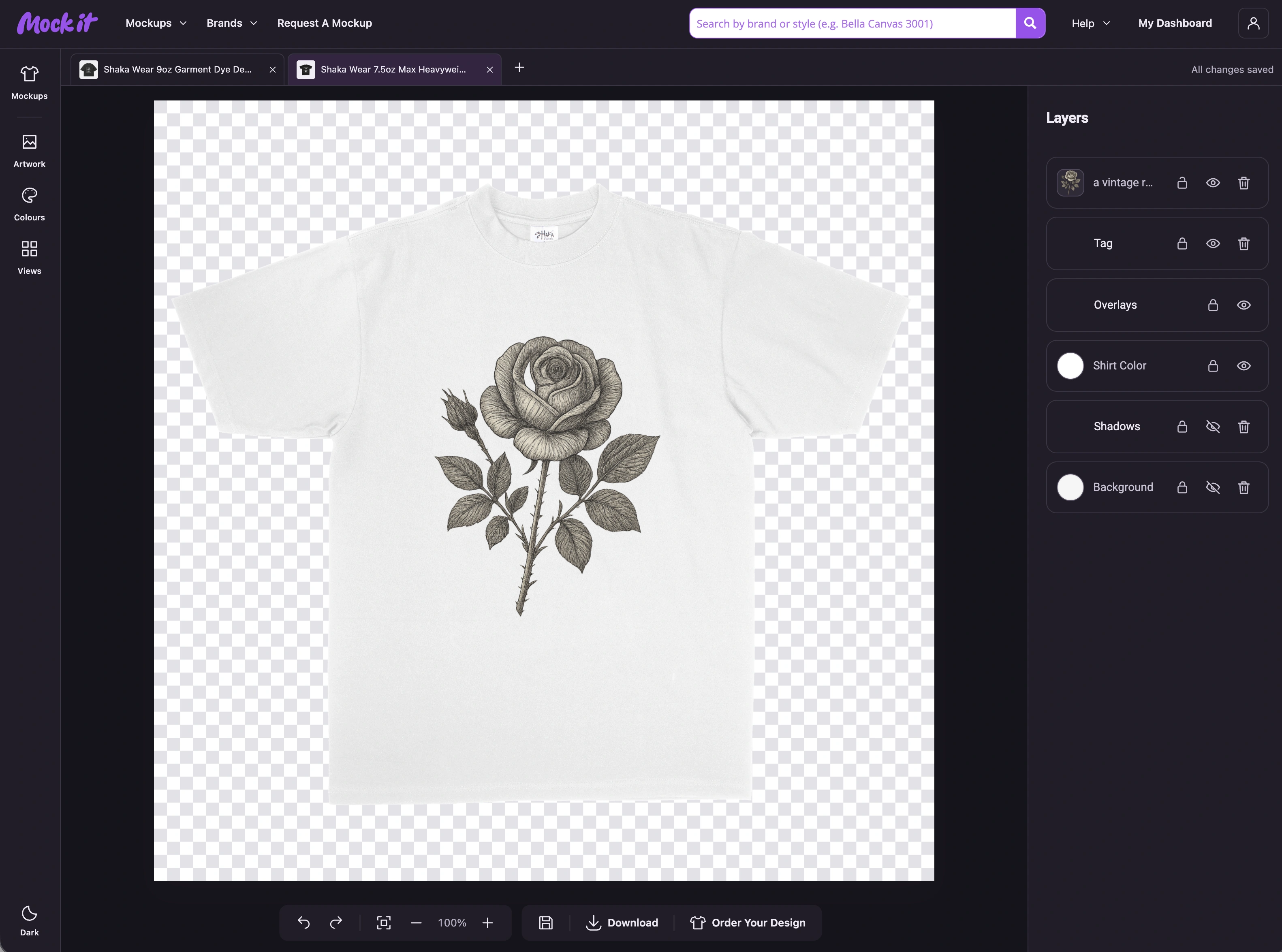 Rose artwork on a white garment in the Mock It workspace