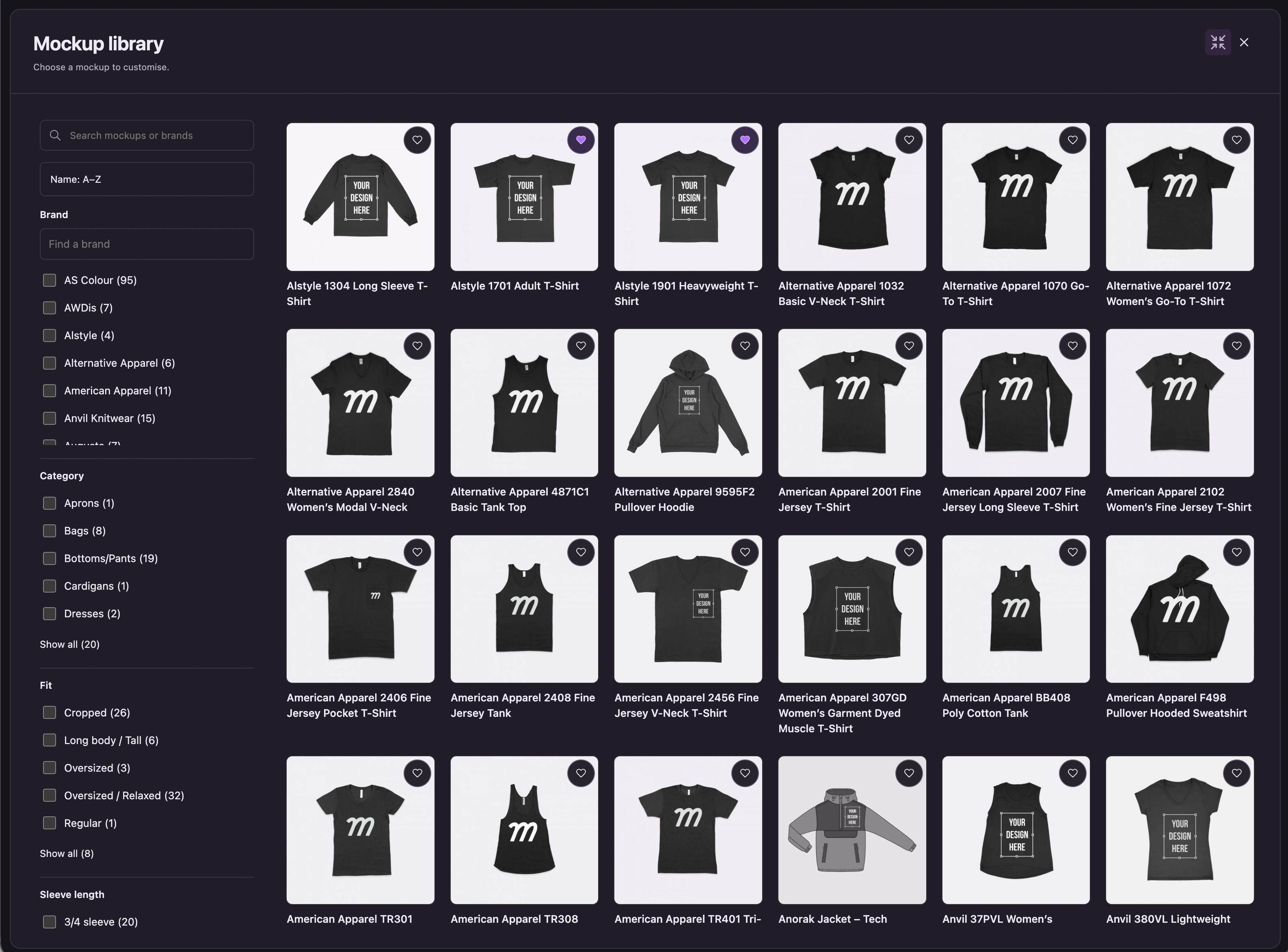 Actual expanded Mock It library showing garment filters and thumbnails