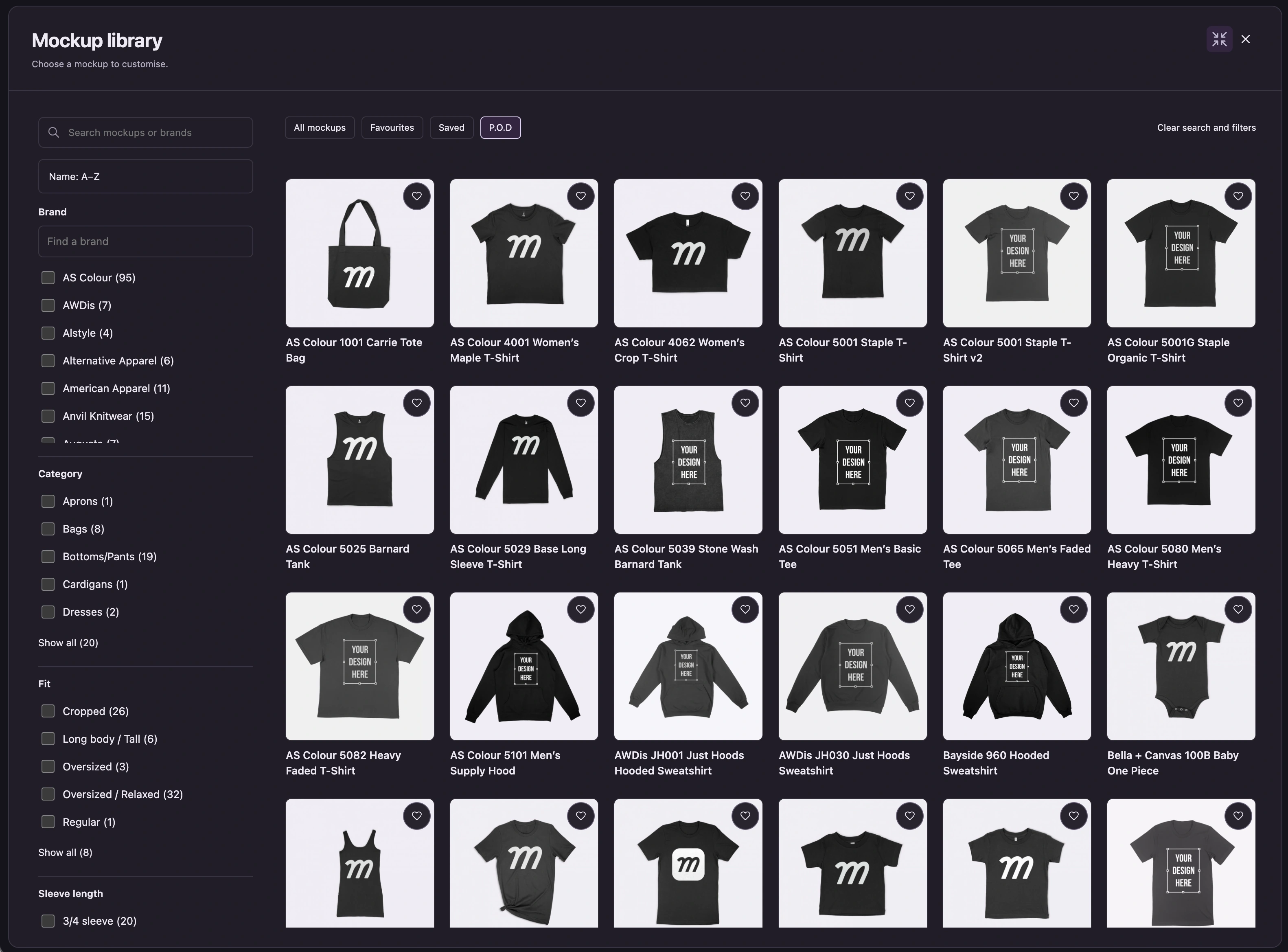 P.O.D tab selected in the mockup library with garment thumbnails and filters