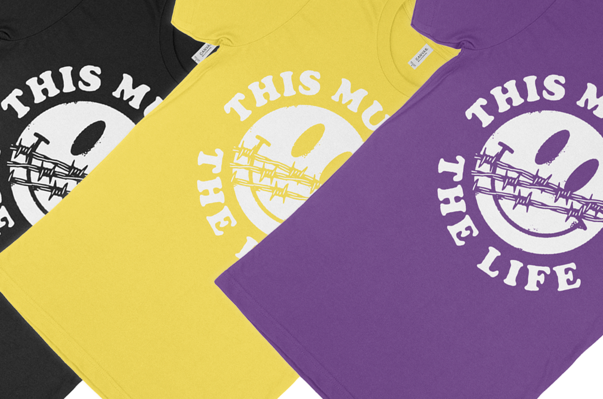 black, yellow and purple t-shirt mockup with design