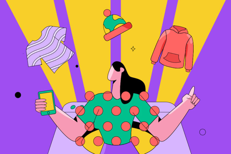 woman and clothes exploding from laptop illustration