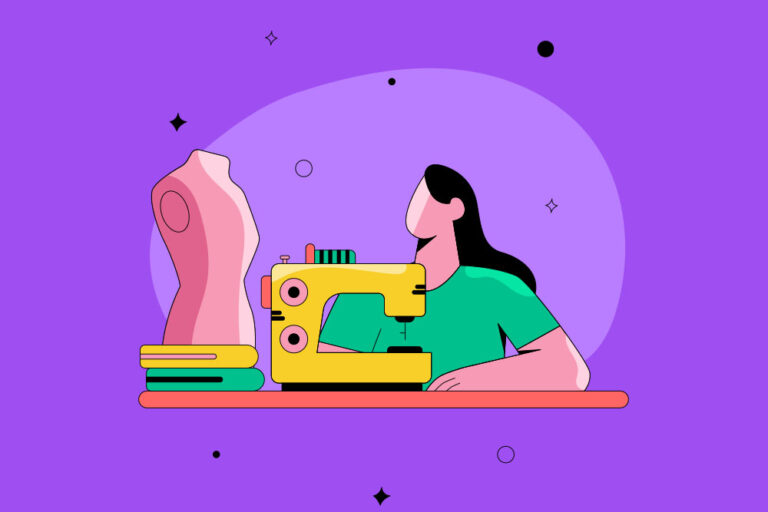 woman sitting at sewing machine illustration