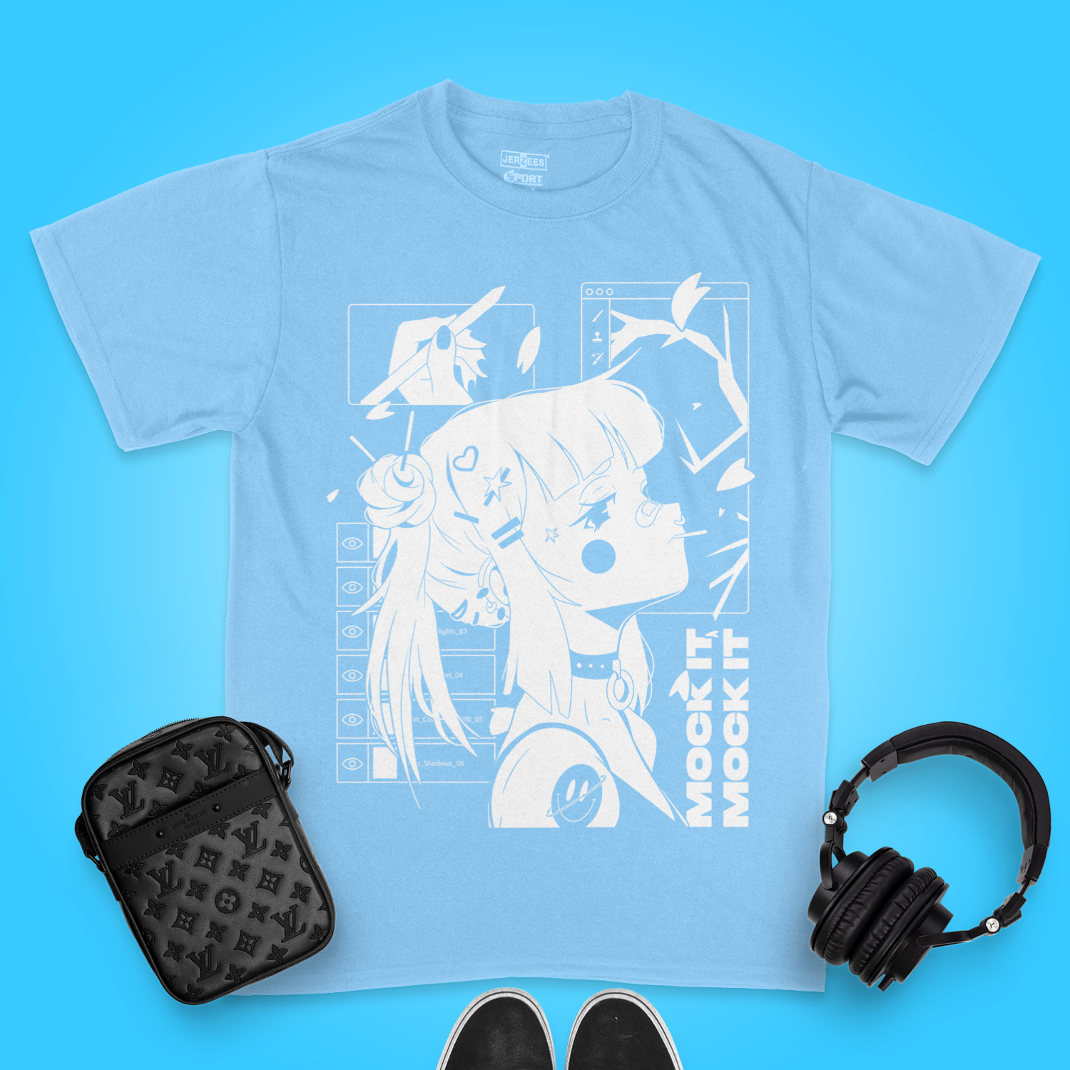 blue t-shirt mockup with bag, headphones and shoes