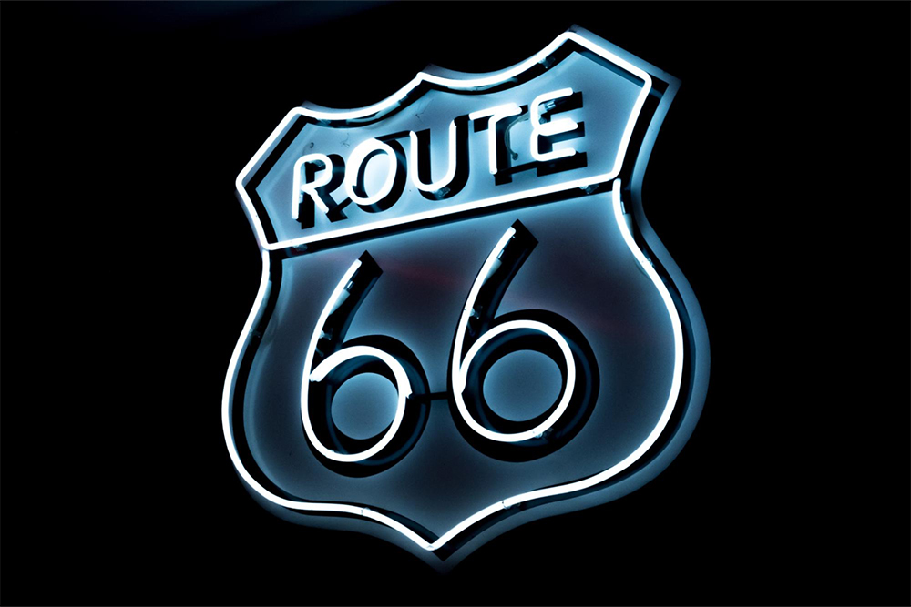 blue neon route 66 sign