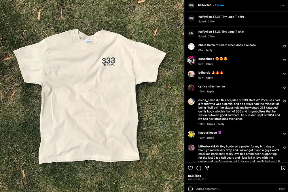 333 half evil small logo tshirt on instagram