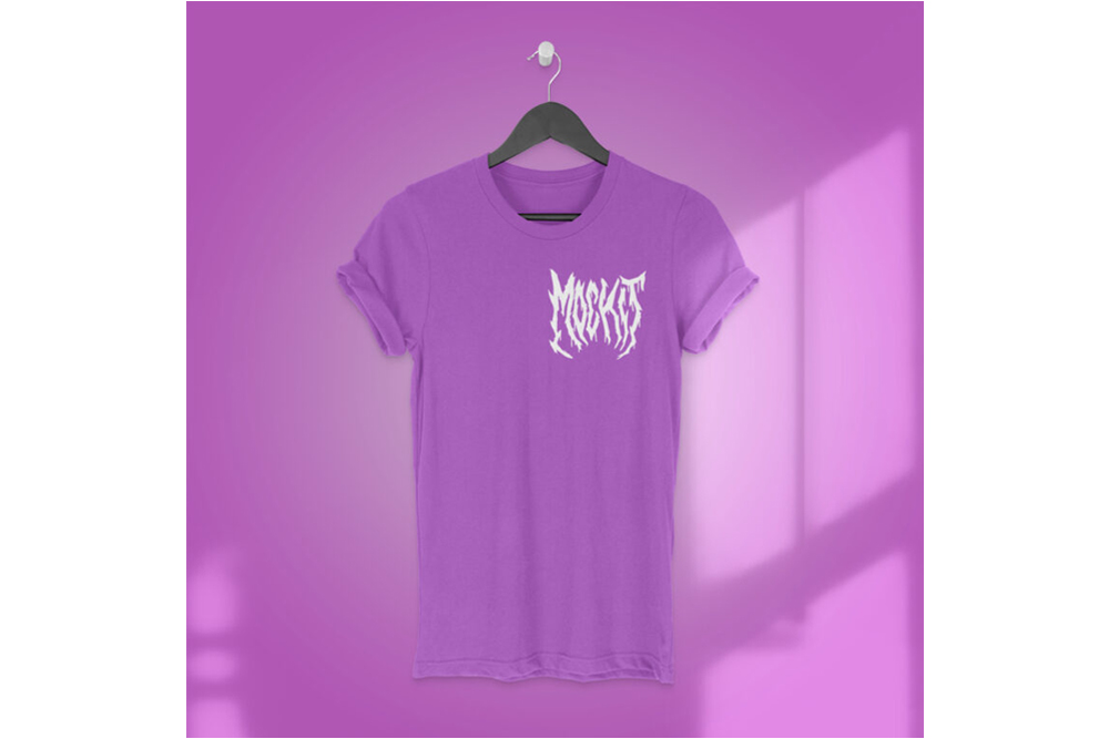 purple mock it tshirt mockup hanging on wall with shadows