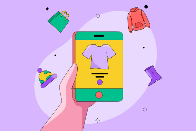 illustration of a hand holding a phone with clothes around it