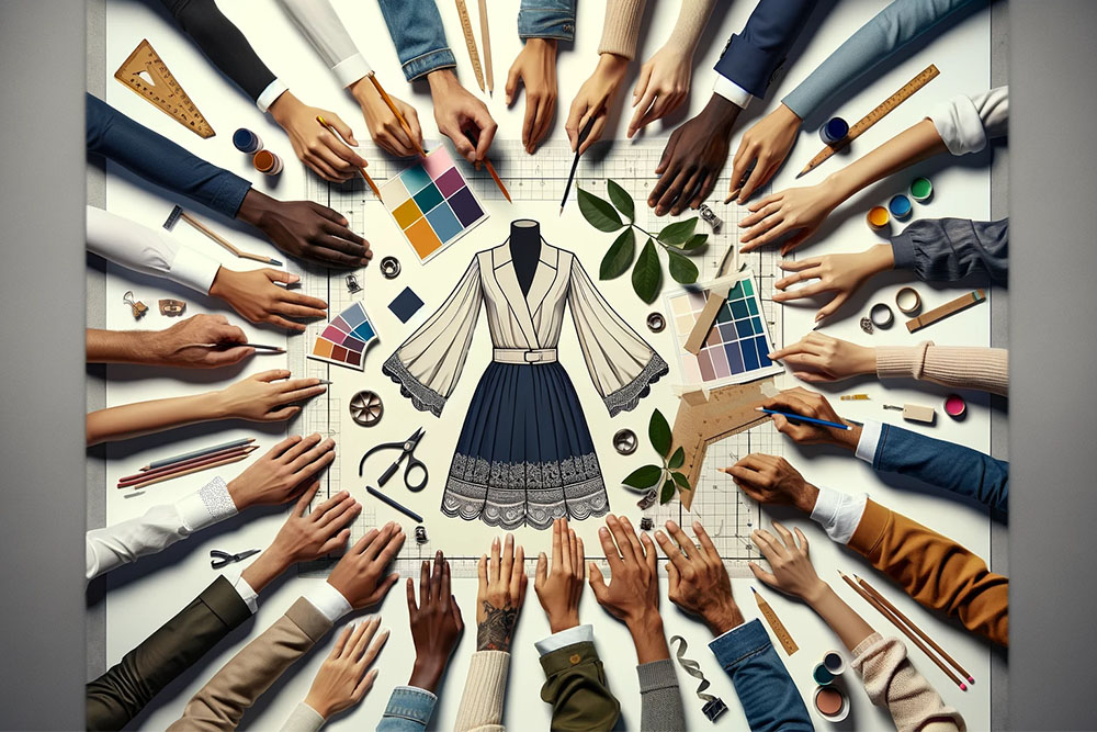 A powerful image of multiple hands joining together above a shared fashion mockup design, symbolizing unity, cooperation, and shared vision in the design