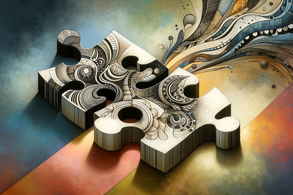 A visual metaphor depicting two puzzle pieces coming together, each piece representing different design elements or ideas.