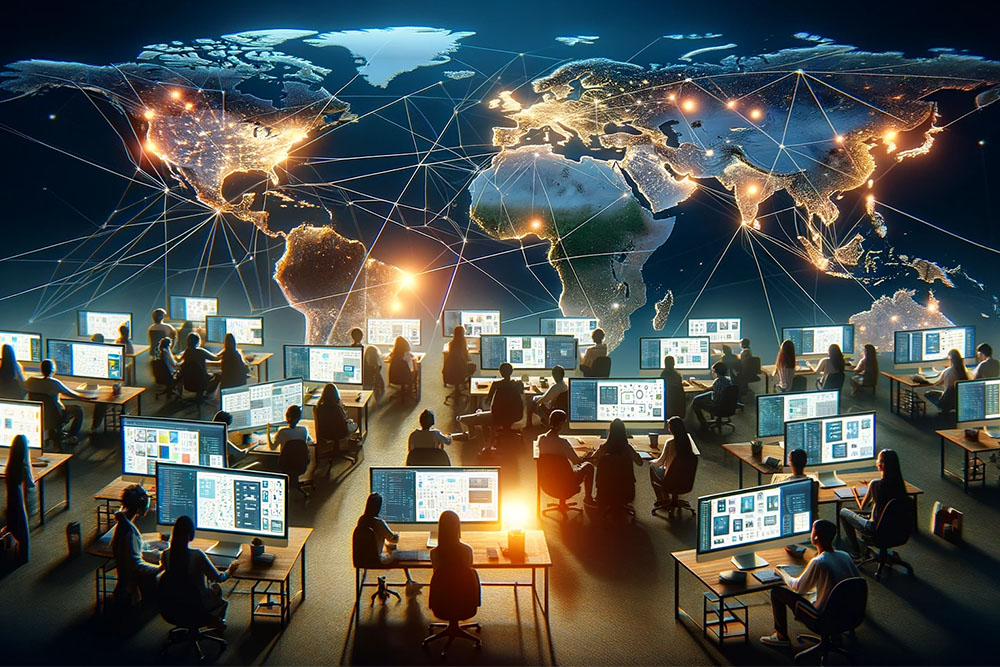 An image illustrating designers from different parts of the world connected through a network of computers and devices, all working on the same mockup