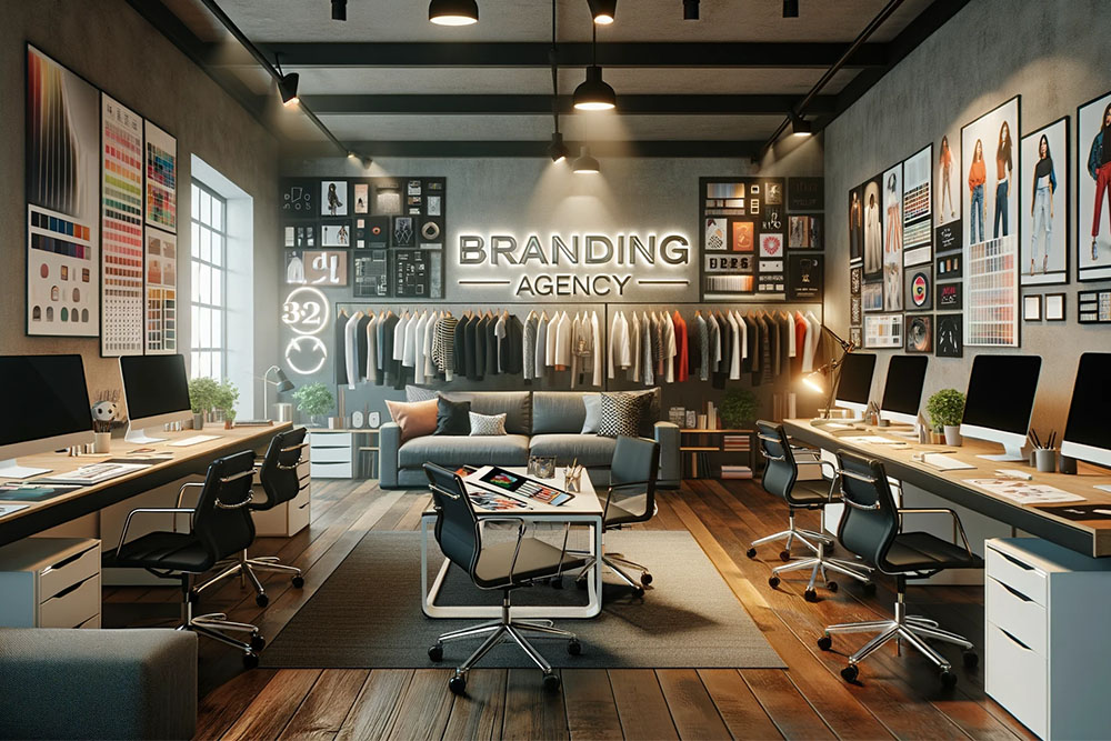 A modern and stylish branding agency office, specifically designed for apparel design, is depicted in the image