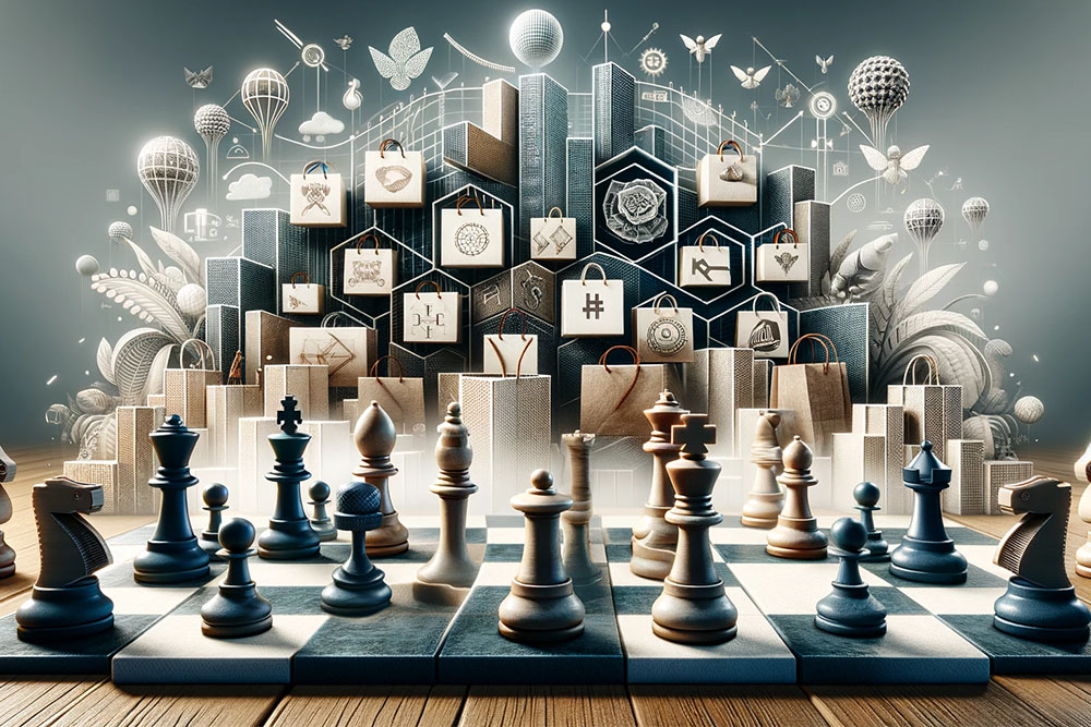 An image depicting the concept of 'determining if your brand is competitive' in the fashion industry, inspired by the game of chess. The scene feature
