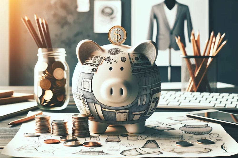 Envision an image symbolizing the concept of saving money in a design or business setting. The central focus is a classic piggy bank, uniquely adorned