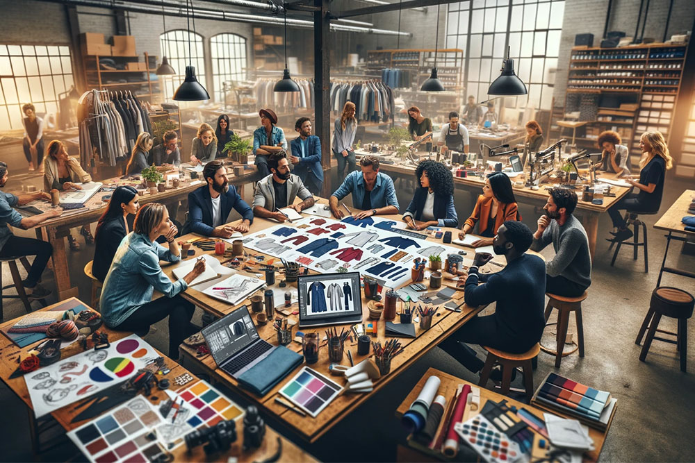 In a collaborative workshop setting, an in-house branding team consisting of men and women from various descents is gathered around a large table