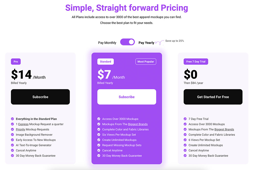 mock it website pricing page with three different pricing options to pay either monthly or yearly