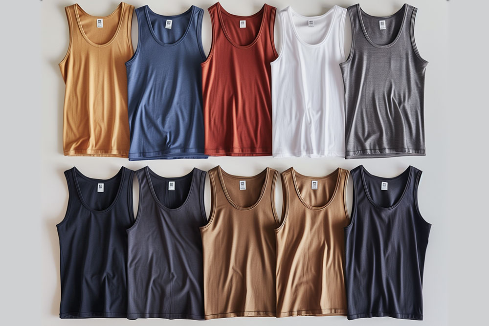 a flat lay photograph of a gallery of mens tank tops