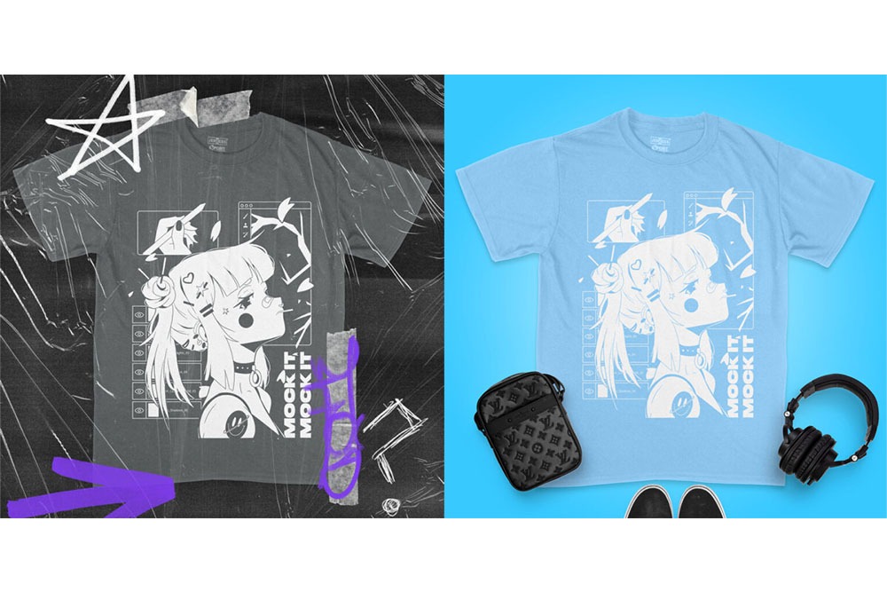 anime girl tshirt mockups side by side using mock it with elements