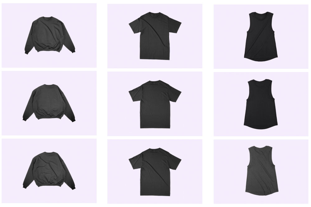 different types of mockups with folds and wrinkles - sweatshirt list - tshirt list - tank top list