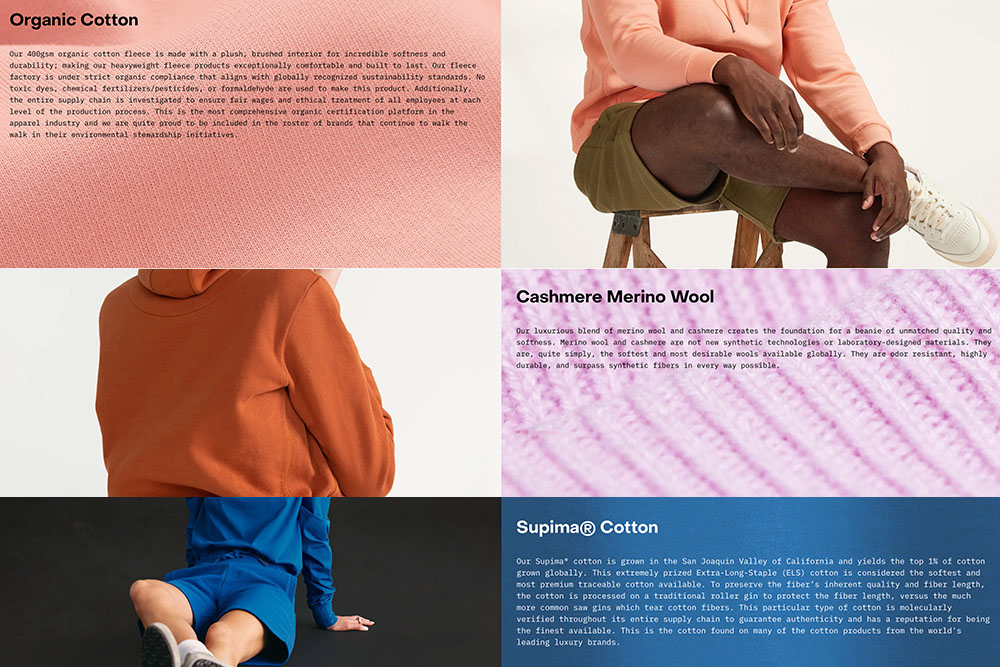 information on materials used by original favorites for their garments from their website organice cotton cashmere merino wool and supima cotton