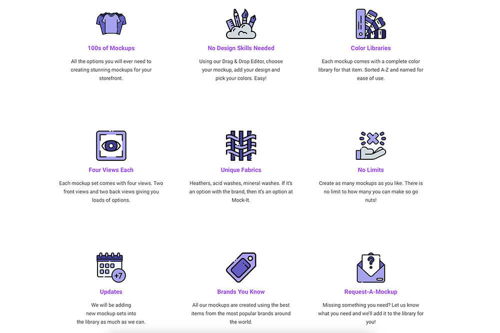 Mock it website key features page with icons and descriptions