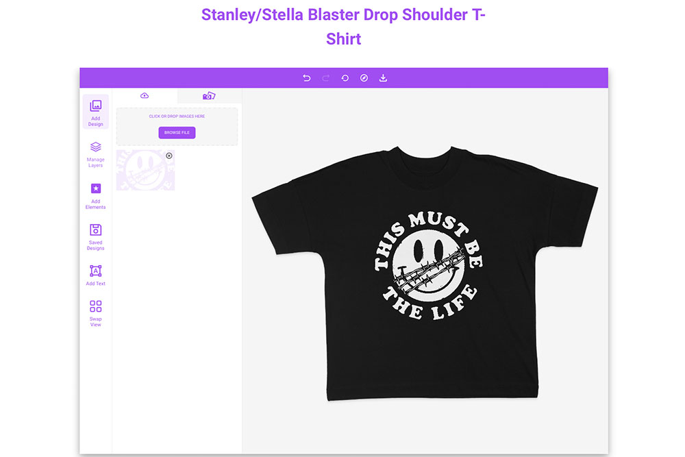 mock it mockup generator with this is the life logo design showcasing stanley:stella blaster drop shoulder shirt