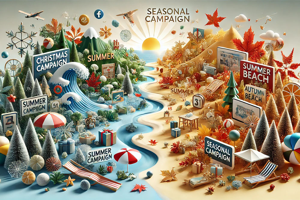 A seasonal campaign. The image features different seasonal elements such as Christmas decorations, summer beach items