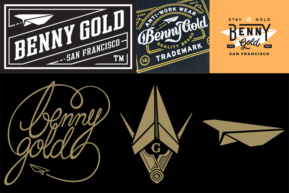 collage of benny gold designs and logos