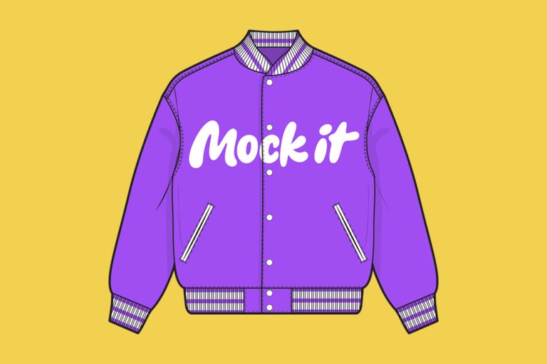 technical mockup of a purple varsity jacket