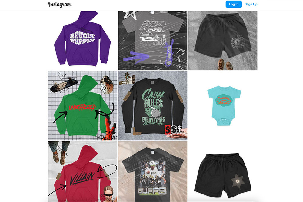 mock it instagram page showcasing designs on clothing mockups with elements added