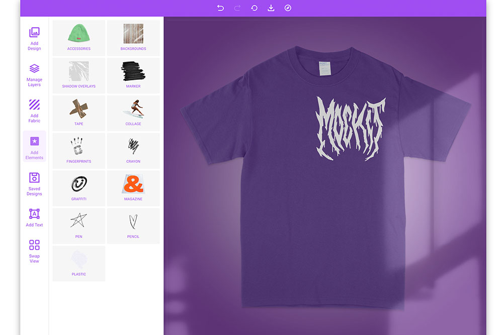 mock it mockup generator showing a mockup with mock it logo placed on shirt with purple background and shadow overlay and elements shown