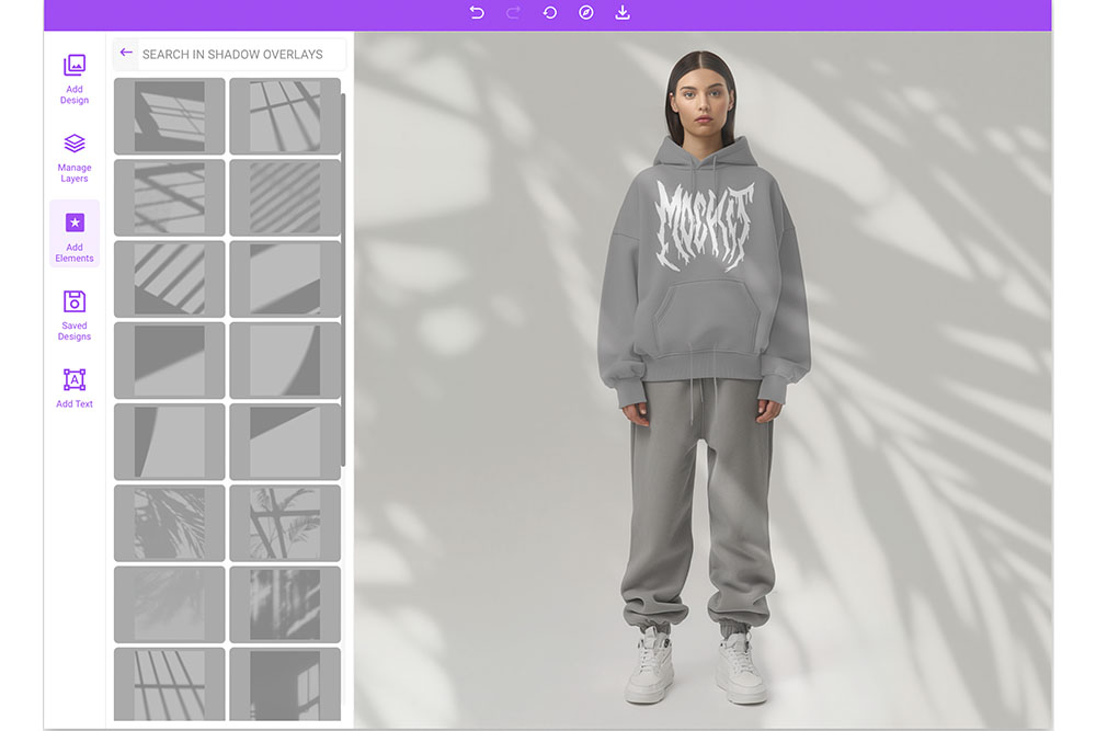 mock it mockup generator showcasing new models with mock it logo on hoodie with shadow overlays being shown with a shadow overlay on top of the mockup