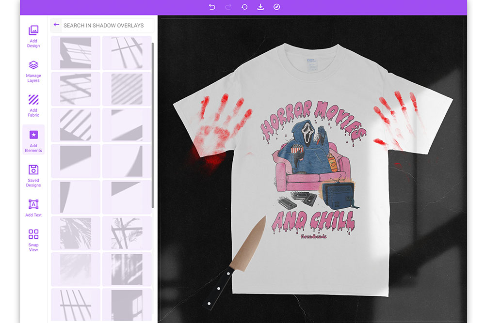 halloween mockup using mock it mockup generator with horror movies and chill ghost face deisgn on white tshirt showcasing shadow overlays