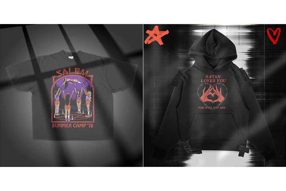 halloween mockups using mock it mockup generator showcasing a tshirt with salem summer camp 78 design and satan loves you for who you are design on black hoodie with glow and shadow overlay elements