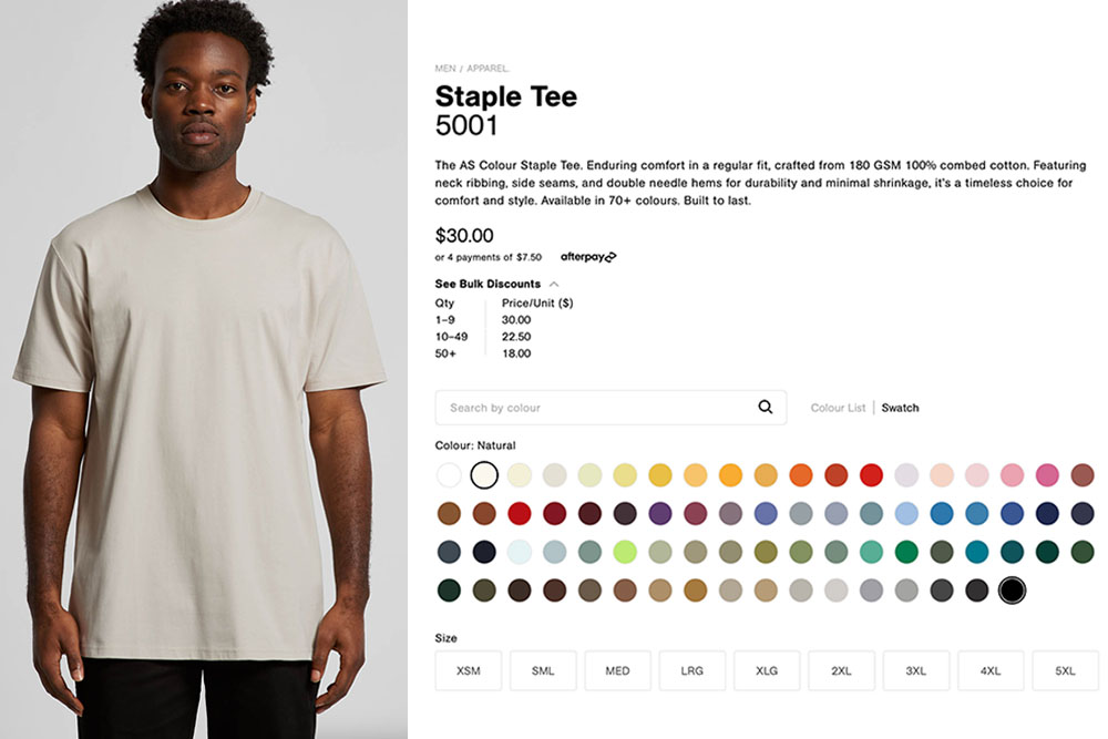 best blank tshirt AS colour website previewing as colour 5001 staple tee with model wearing tshirt with color options and item information