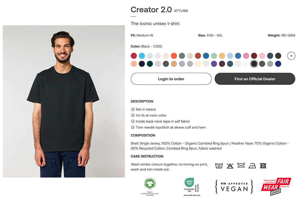 best blank t-shirt stanley:stella website previewing stanley:stella creator 2.0 unisex tshirt with model wearing tshirt with color options and item information