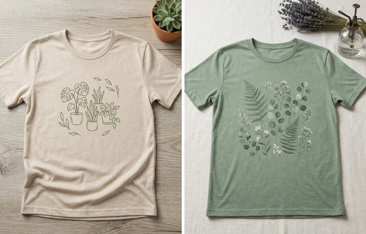 Two t-shirts laid flat side by side: a beige tee with a line drawing of potted plants on the left and a green tee with leafy floral print on the right,