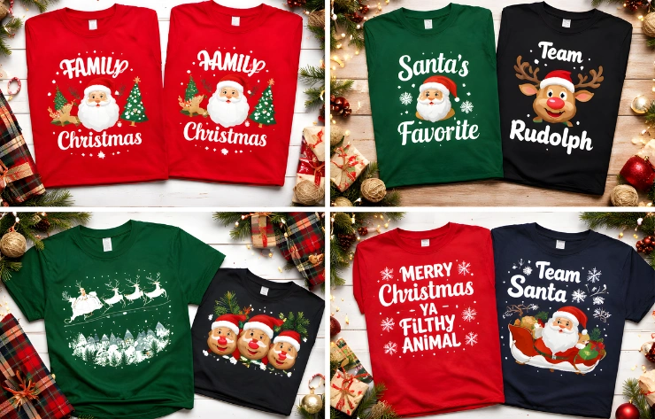 Collage of Christmas-themed T-shirts in red, green, and navy with Santa, Rudolph, and snowflake designs.