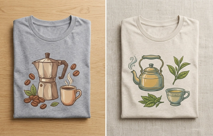 Gray folded t-shirt with a graphic of a moka pot, steaming cup, coffee beans, and leaves on a wooden surface; left image side.