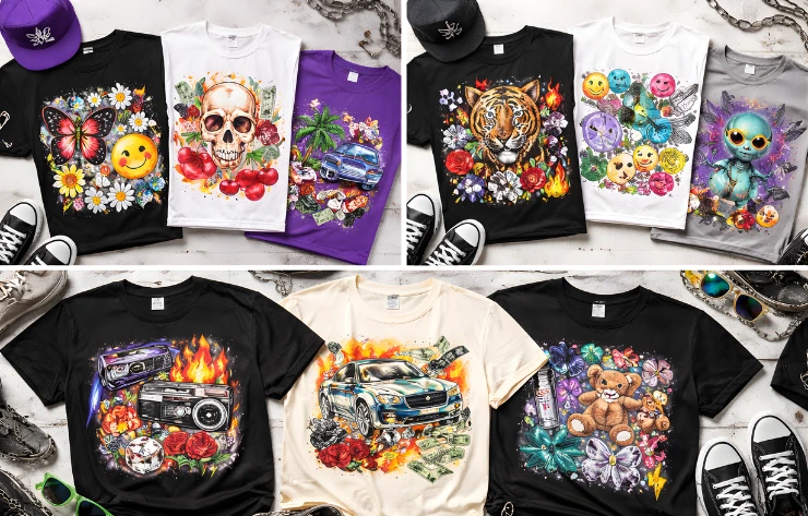Set of colorful graphic T-shirts laid flat on the floor, each with bold, playful designs (butterflies, skulls, cars, and flowers).