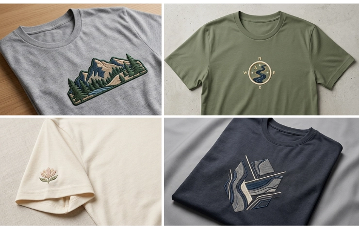 Gray t-shirt with embroidered mountain landscape patch on the chest area and wood background (informative product photo)โ?