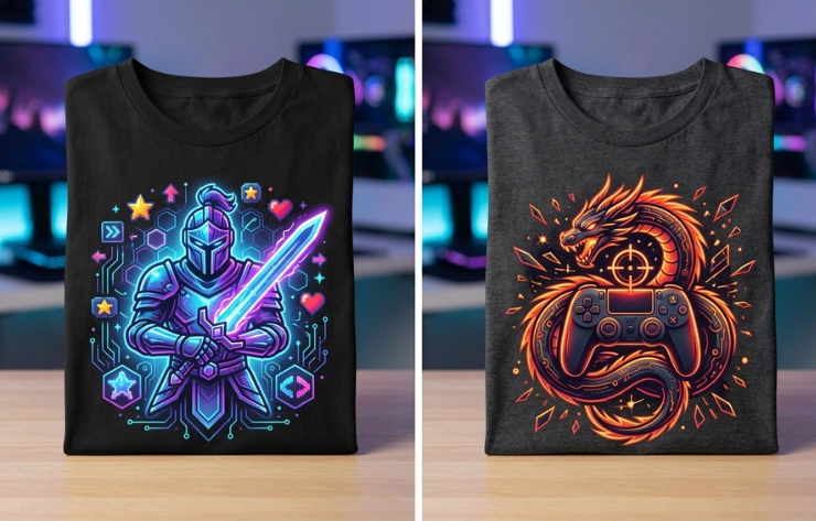 Left shirt: neon blue knight with glowing sword, futuristic circuitry background on a black tee; Right shirt: fiery orange dragon wrapped around a game controller with crosshair motif on a dark tee; Two graphic tees showcase fantasy gaming art side by side.