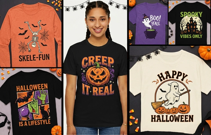 Collage of Halloween-themed tโshirts with pumpkins, ghosts, and spooky phrases in orange, black, and purple.