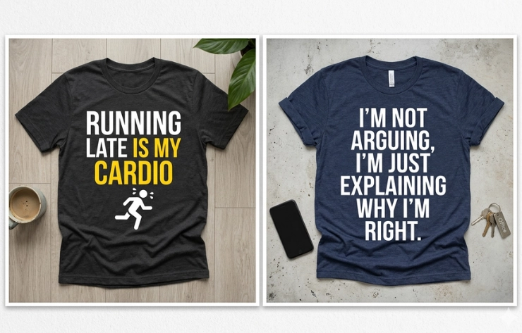 Two graphic T-shirts laid flat: a black shirt reading 'RUNNING LATE IS MY CARDIO' with a small running figure, and a navy shirt reading 'I'M NOT ARGUING, I'M JUST EXPLAINING WHY I'M RIGHT.'