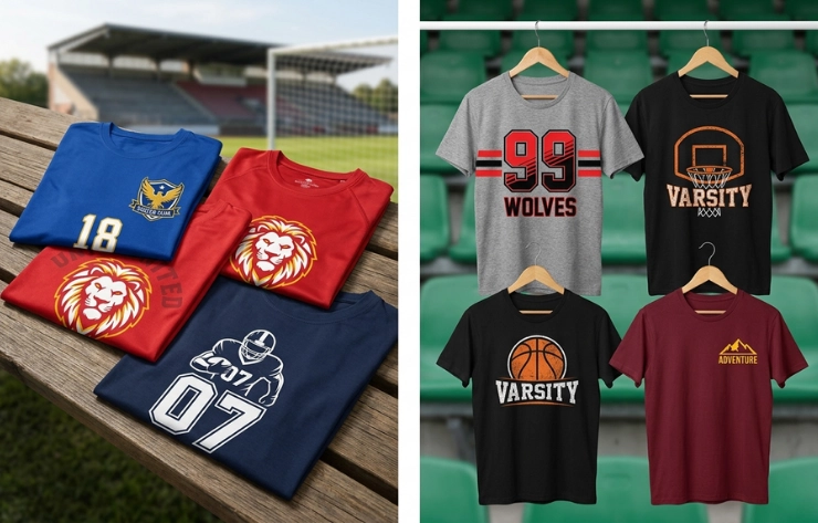 Folded colorful sports-themed tโshirts with team logos on a wooden bench, outdoor field in the background (left). On the right, four tโshirts with varsity and basketball designs hanging on a rack against green bleachers (right).