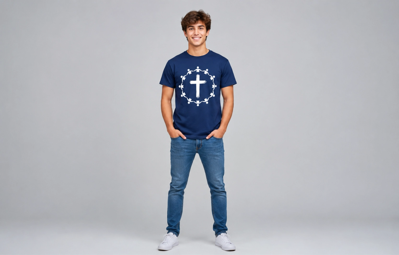 Young man in a navy T-shirt with a white circular cross-and-people motif standing with hands in pockets against a gray studio background.