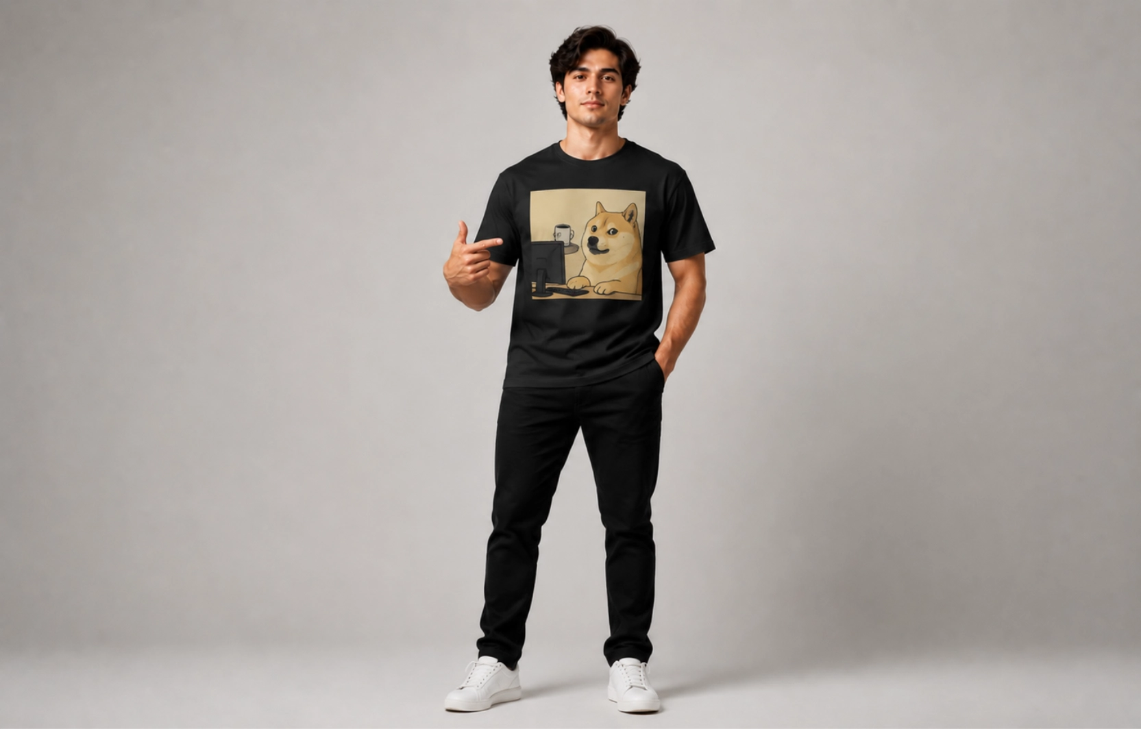 Young man in a black graphic tee featuring a cartoon dog meme, standing in a neutral studio background, pointing with one hand and resting the other in his pocket.
