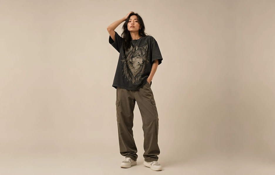 Person posing in a beige studio wearing a loose charcoal T-shirt with a wolf graphic and baggy brown cargo pants, one hand in pocket.