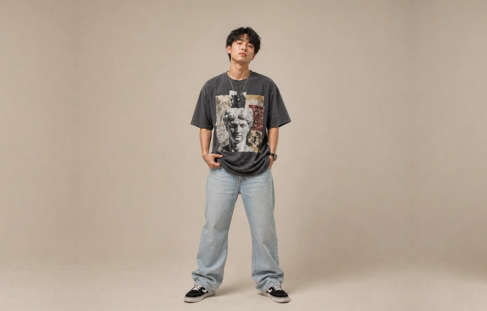 Young man stands facing the camera in a dark graphic tee, light jeans, and sneakers with hands in pockets.