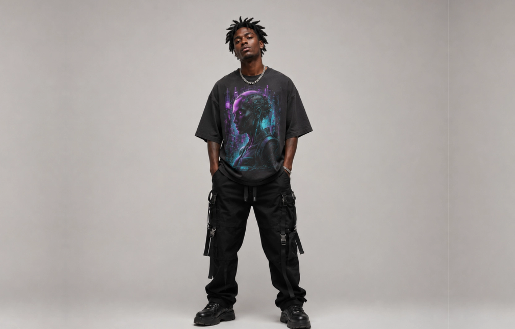 Young man standing in a neutral studio wearing a oversized black graphic T-shirt with a neon purple-blue cyberpunk portrait, black cargo pants, and chunky boots.