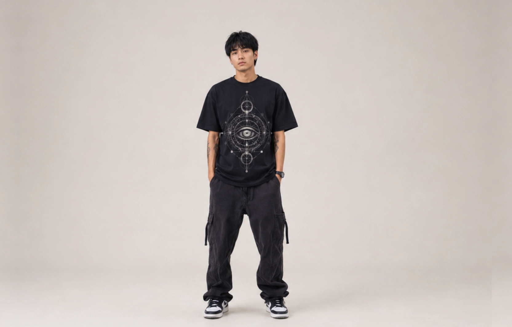 Full-body shot of a man in a black graphic T-shirt with a geometric eye design, black cargo pants, and sneakers in a neutral studio setting.